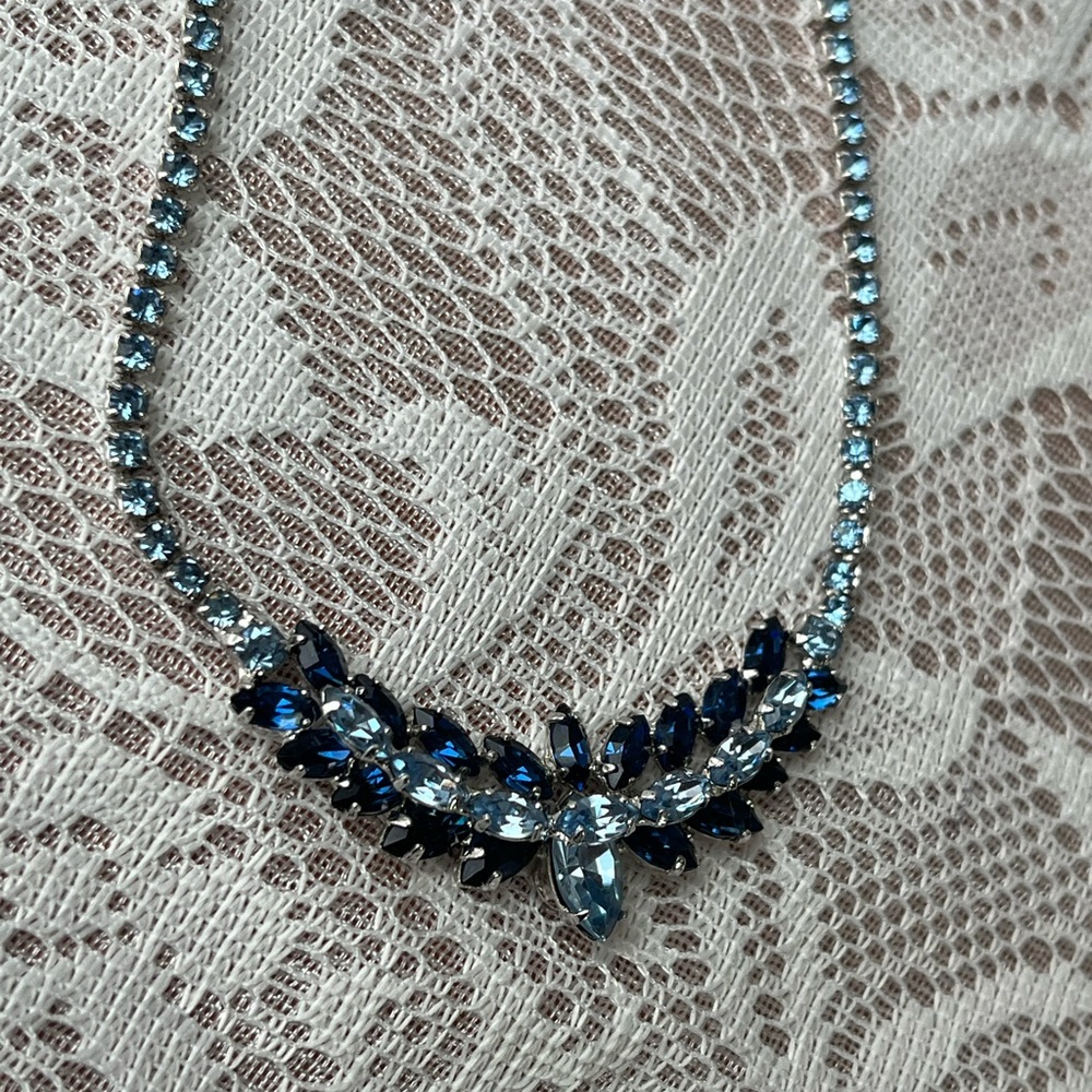 JAY FLEX Signed Sterling Silver Blue Crystal Statement Necklace Wedding Formal